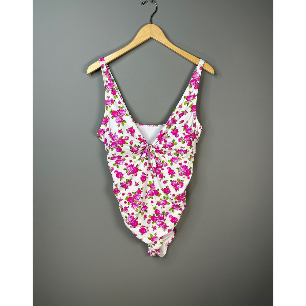 Betsey Johnson Swimsuit Womens 1X White Pink Floral Rose Ruched One Piece